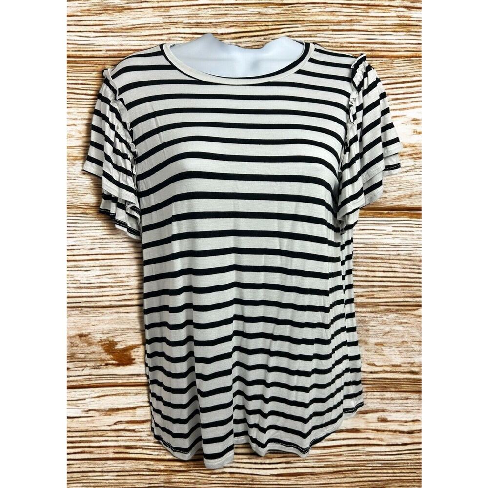 Green Envelope Black and White Striped Blouse Sz Small Flutter Short Sleeve Top